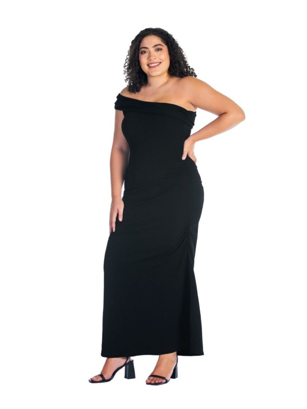 24seven Plus Size 2X Formal One Shoulder Ruched Mermaid Maxi Dress Black $79